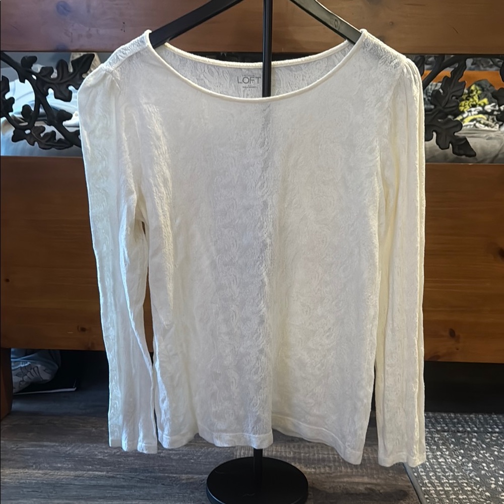LOFT Cream Fitted Blouse with Long Sleeves